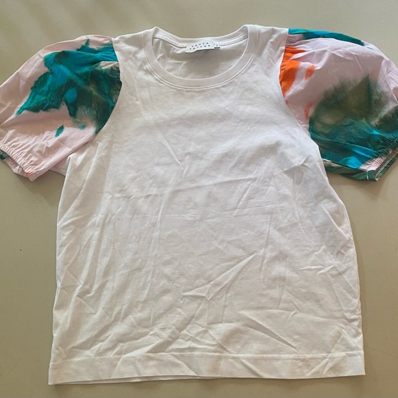 Tanya Taylor Tops - Tanya Taylor White Tee with Multicolor Puff Sleeves